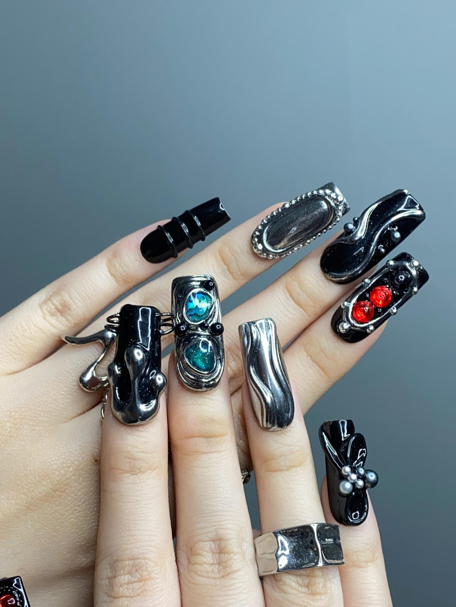 Gothic Black Press On Nails | Dark Silver Nail Art with Red Stones | Handmade Luxury Nails | Statement Gift for Her | HB1255GC