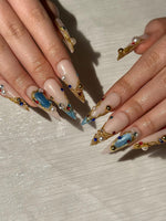 Luxury 3D Jewelry Press On Nails, Gold Filigree and Blue Gemstone False Nails, Royal Core Stiletto Nails for Gala or Wedding | DB1022HC