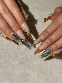Luxury 3D Jewelry Press On Nails, Gold Filigree and Blue Gemstone False Nails, Royal Core Stiletto Nails for Gala or Wedding | DB1022HC
