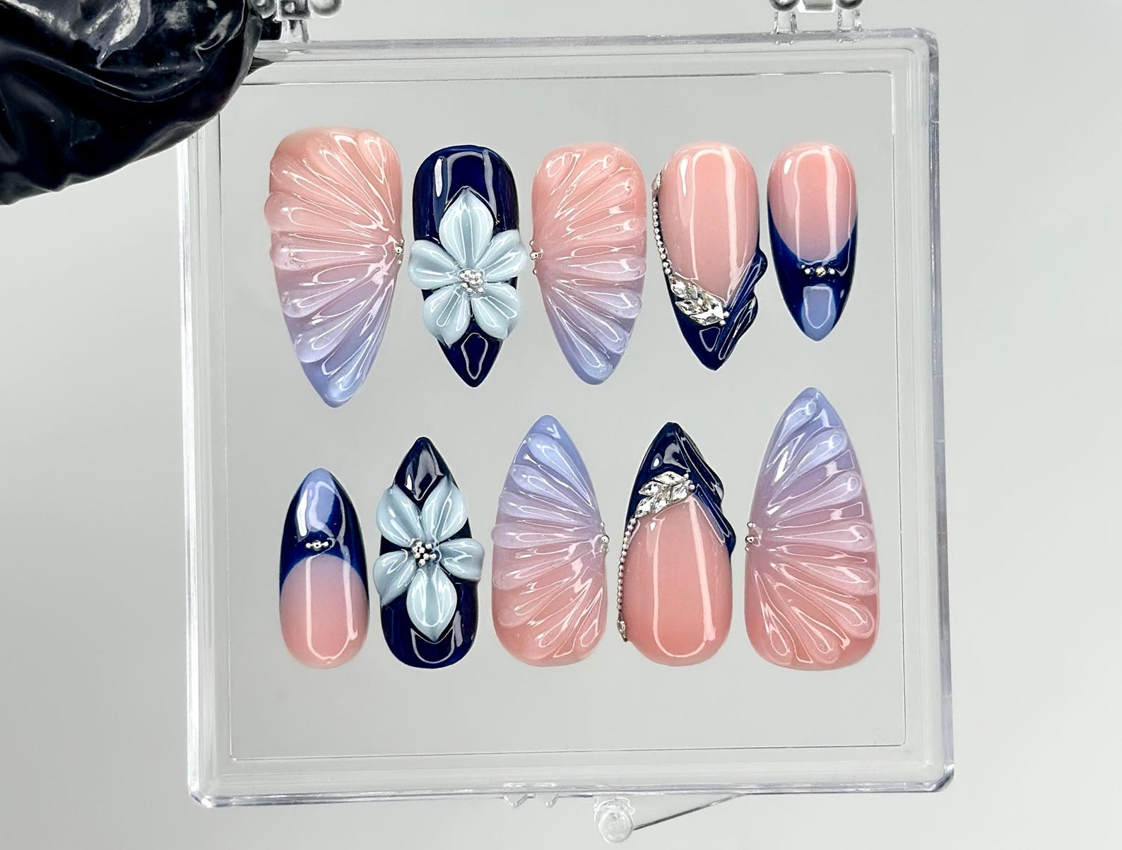 Midnight Blossom Spring Press On Nails | Navy Floral Ombr?? Nail Art | Luxury Floral Blue Nails Set | Elegant Blush Ombre Nails | HC1240EC