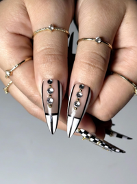 Black & White Gothic Press On Nails | Luxury Girl Stiletto Nail Art | Gold Accent Checker Nails | High Fashion Press Ons | HB1264EC