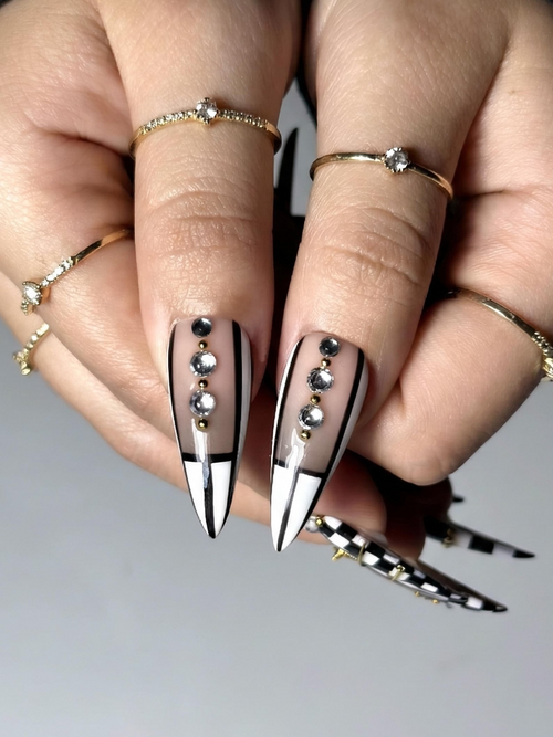 Black & White Gothic Press On Nails | Luxury Girl Stiletto Nail Art | Gold Accent Checker Nails | High Fashion Press Ons | HB1264EC