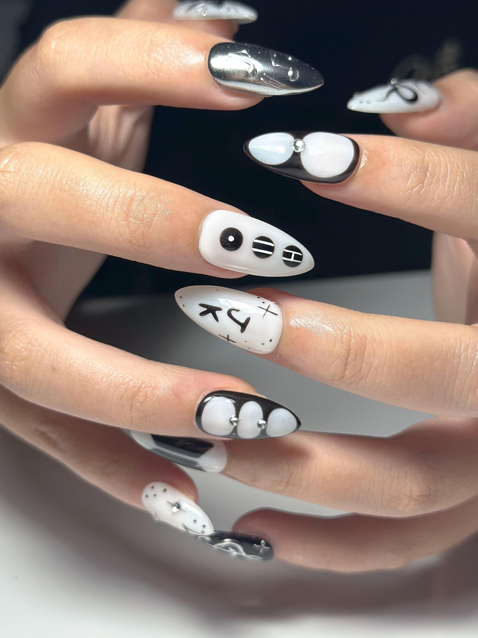 JungKook Inspired Black & White Nails | Kpop JK Solo Era Press Ons | Y2K Star and Bow Nails | Musical Note Gothic Press Ons | JC364IK