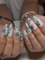 Blue Bloom Elegant Press On Nails | Chinese Luxury Floral Nails | Gold Wire Stiletto Nails | Clear Luxury Art Press Ons | JC299EC