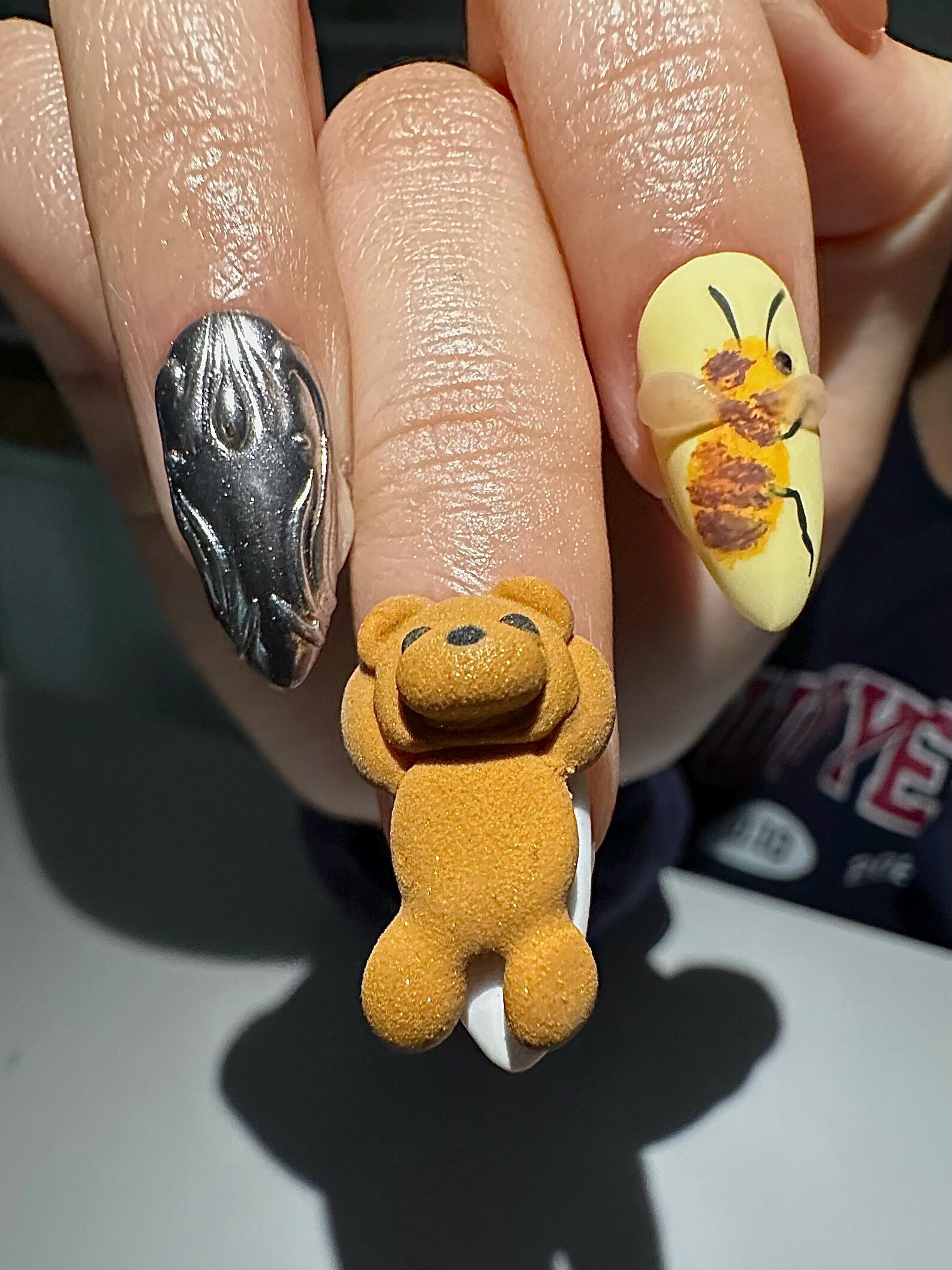 Cute Teddy Press On Nails | 3D Teddy Bear, Bee Nails | Handmade Animal Nail Art | Pearl & Chrome Accent Nails | Playful Press Ons | DB1021HC