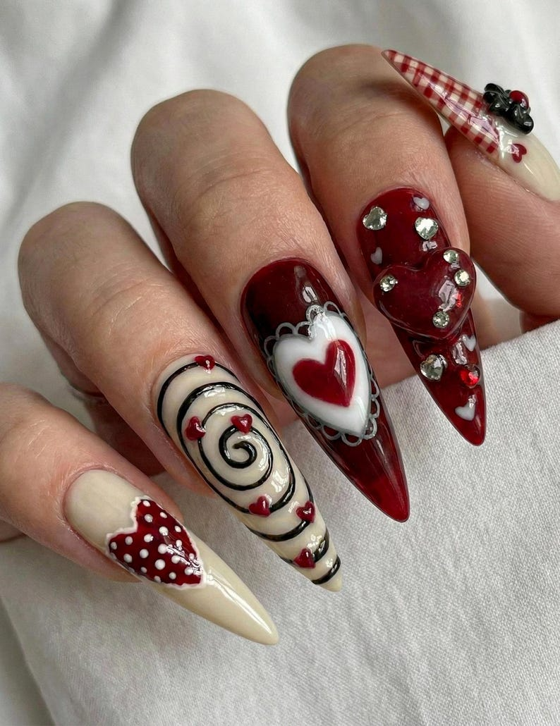 Nail Tabs for Press On Nails ?M?Cherry Heart Teddy Gingham Nude Red Valentine Nails
