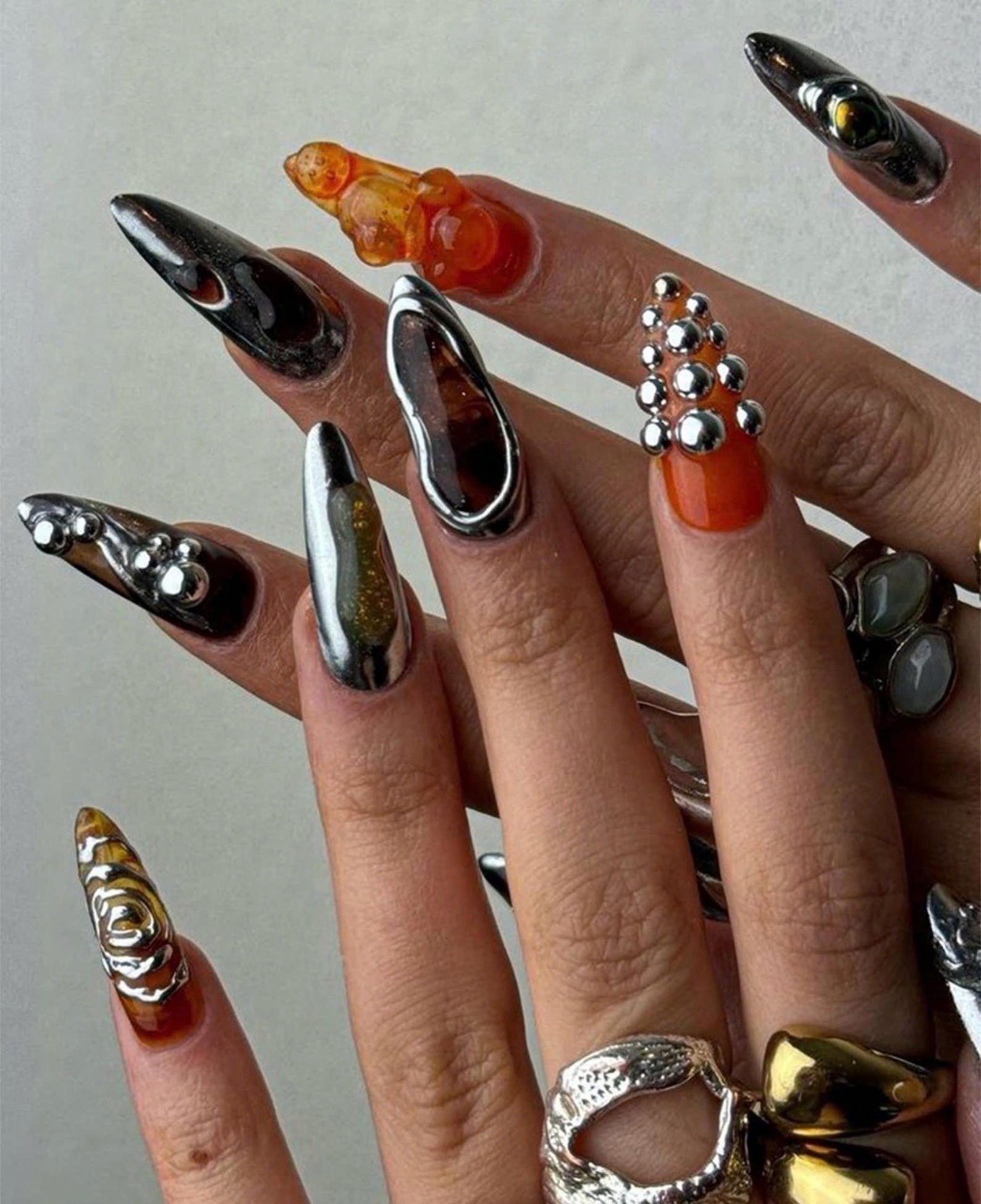 Glam Gothic Chrome Press On Nails | Edgy Metallic Fake Nails | Silver Metallic & Marble Nail Art | Gothic, Y2K Inspired Press Ons | HC686YK