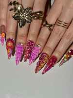 Midnight Sun Aesthetic Press On Nails, 3D Purple Seashell and Hibiscus Floral Nails, Maximalist Tropical Y2K Luxury Fake Nails, HB1287HK