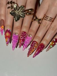 Midnight Sun Aesthetic Press On Nails, 3D Purple Seashell and Hibiscus Floral Nails, Maximalist Tropical Y2K Luxury Fake Nails, HB1287HK