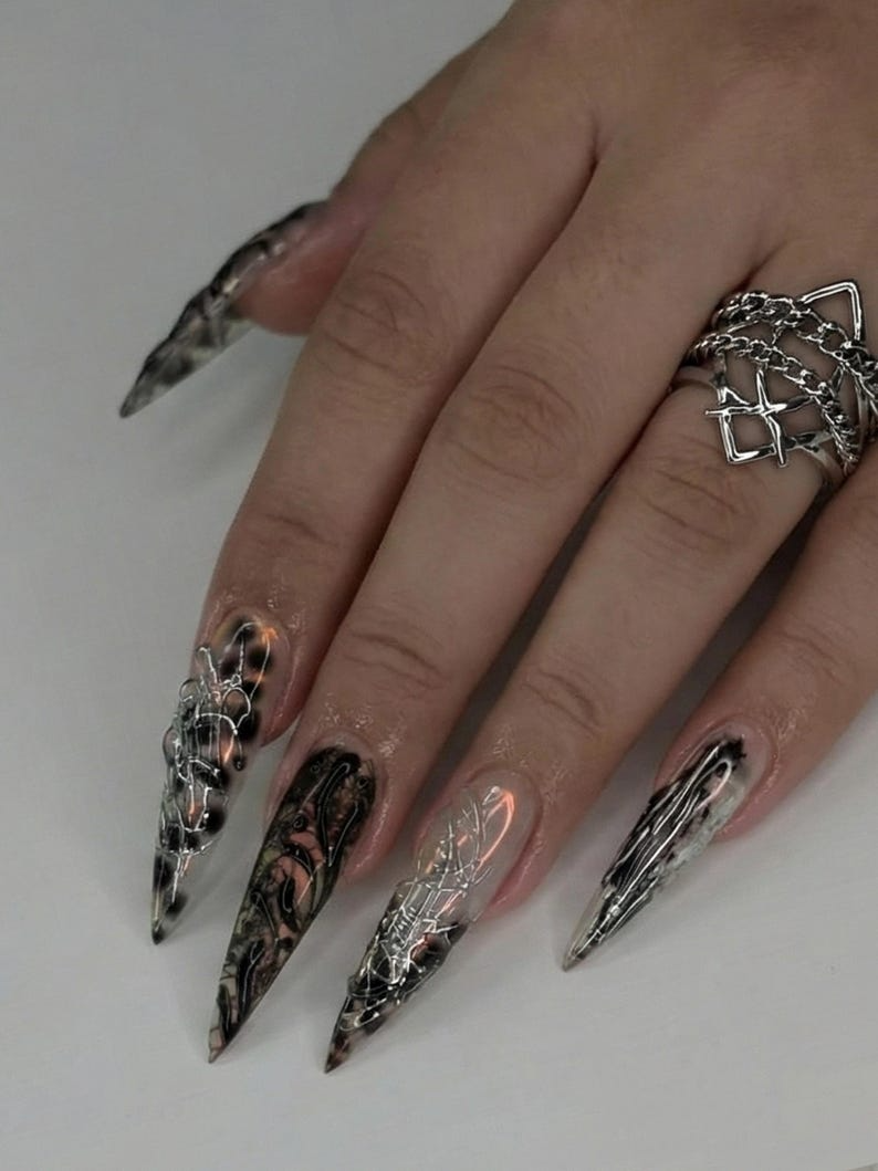 Press On Nails Adhesive Tabs ?M?Black Silver Chrome Abstract Art Long Stiletto Handmade Fake Nails for Gothic Futuristic Look