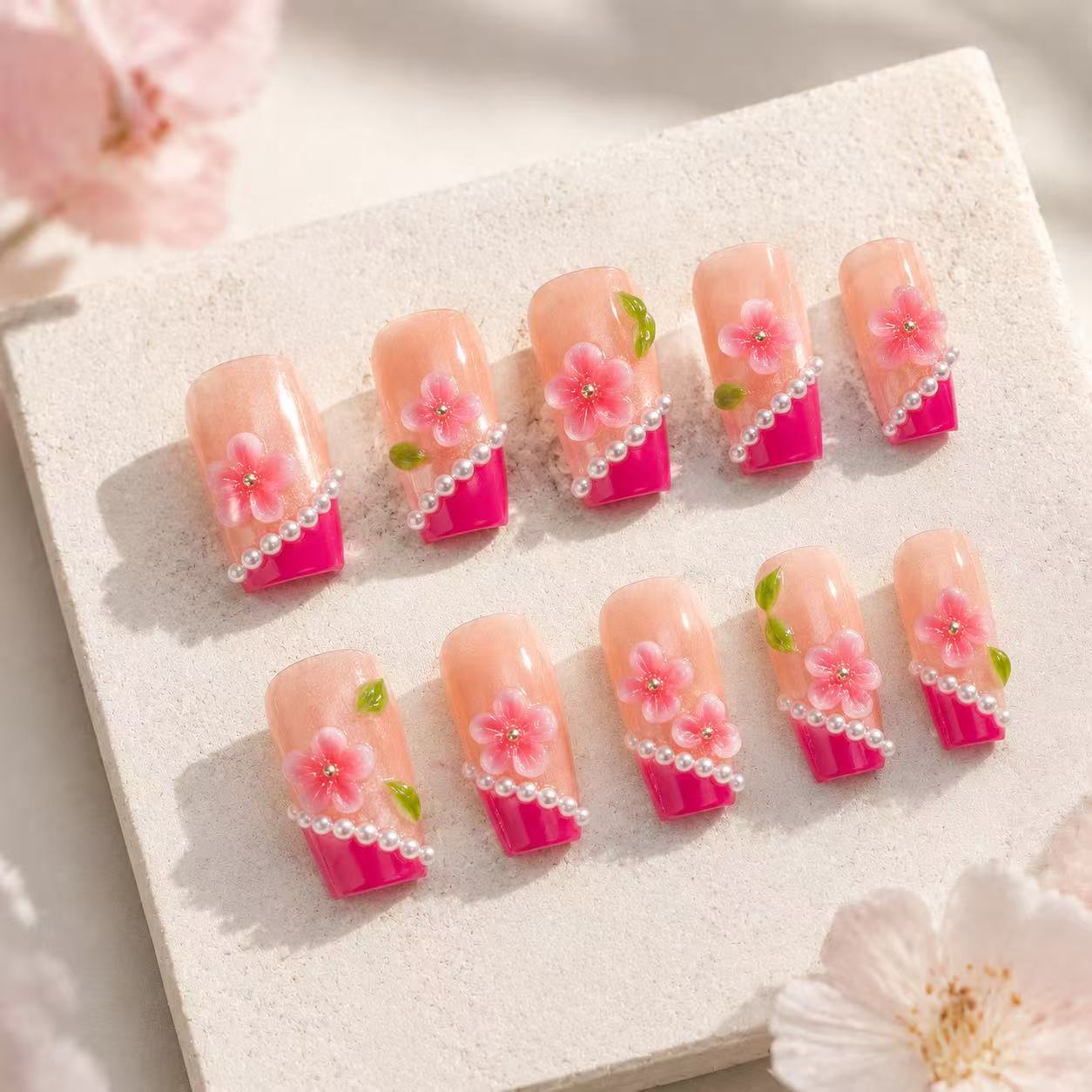 Pearl Blossom ¨C Elegant 3D Nail Art Pink Petals & Pearls ¨C Chic Nail Collection Floral Elegance ¨C Luxury 3D Nails/006