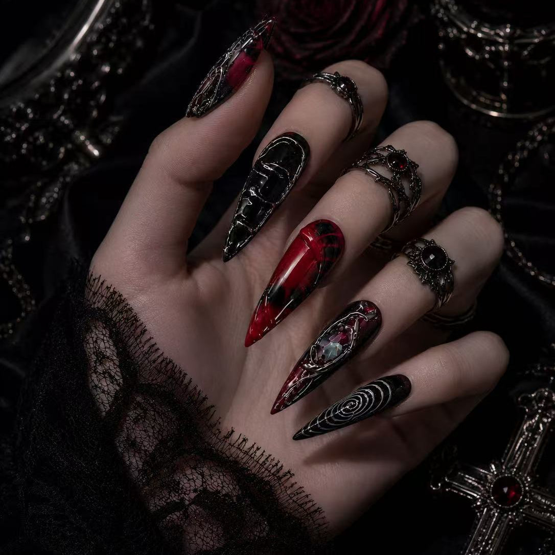 Dark Elegance Nails ¨C Luxury Gothic Chic Press-Ons Black-to-Gray Gradient Nails with Metallic 3D Accents Rebel & Glam ¨C Reusable Stick-On Luxury Nails/0004