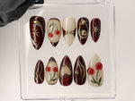 Luxury Red Cherry Press On Nails | Vibrant Luxurious Hand-Painted Star, Bow Acrylic Nail Art | Holiday, Christmas Kawaii Nails | HD551AL