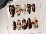 Luxury Red Cherry Press On Nails | Vibrant Luxurious Hand-Painted Star, Bow Acrylic Nail Art | Holiday, Christmas Kawaii Nails | HD551AL