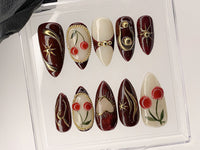 Luxury Red Cherry Press On Nails | Vibrant Luxurious Hand-Painted Star, Bow Acrylic Nail Art | Holiday, Christmas Kawaii Nails | HD551AL