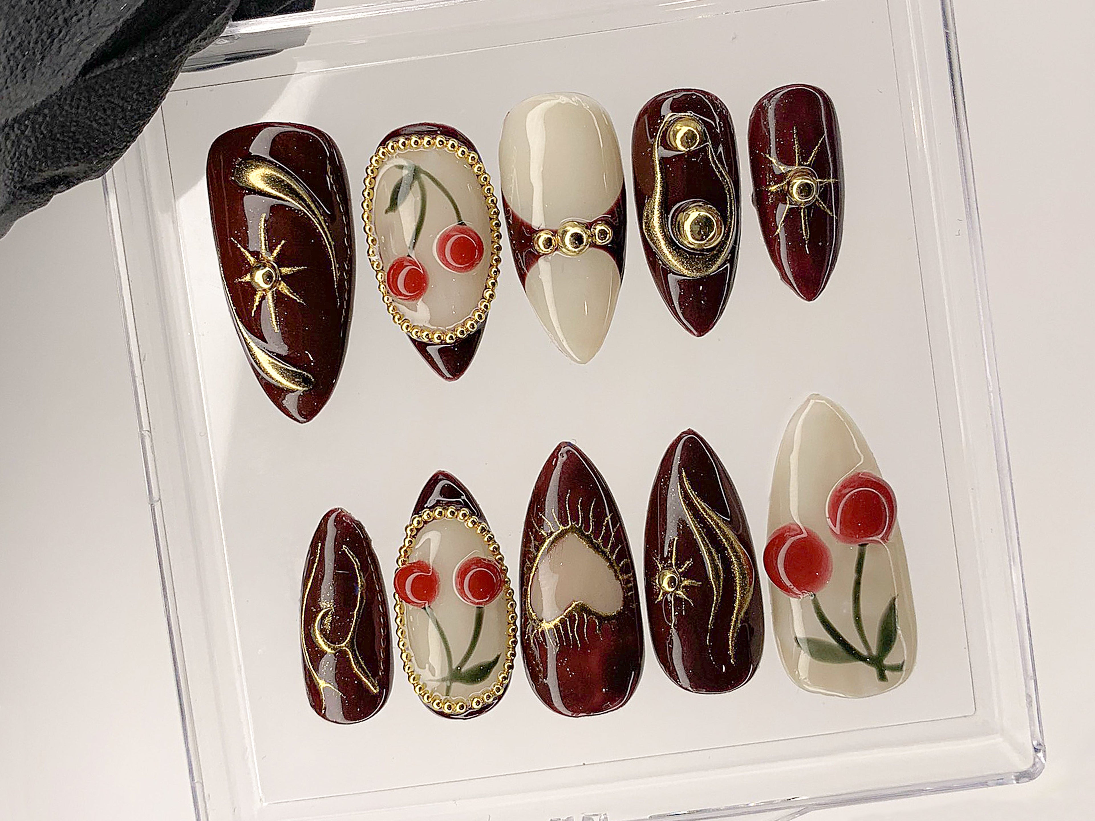 Luxury Red Cherry Press On Nails | Vibrant Luxurious Hand-Painted Star, Bow Acrylic Nail Art | Holiday, Christmas Kawaii Nails | HD551AL