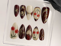 Luxury Red Cherry Press On Nails | Vibrant Luxurious Hand-Painted Star, Bow Acrylic Nail Art | Holiday, Christmas Kawaii Nails | HD551AL