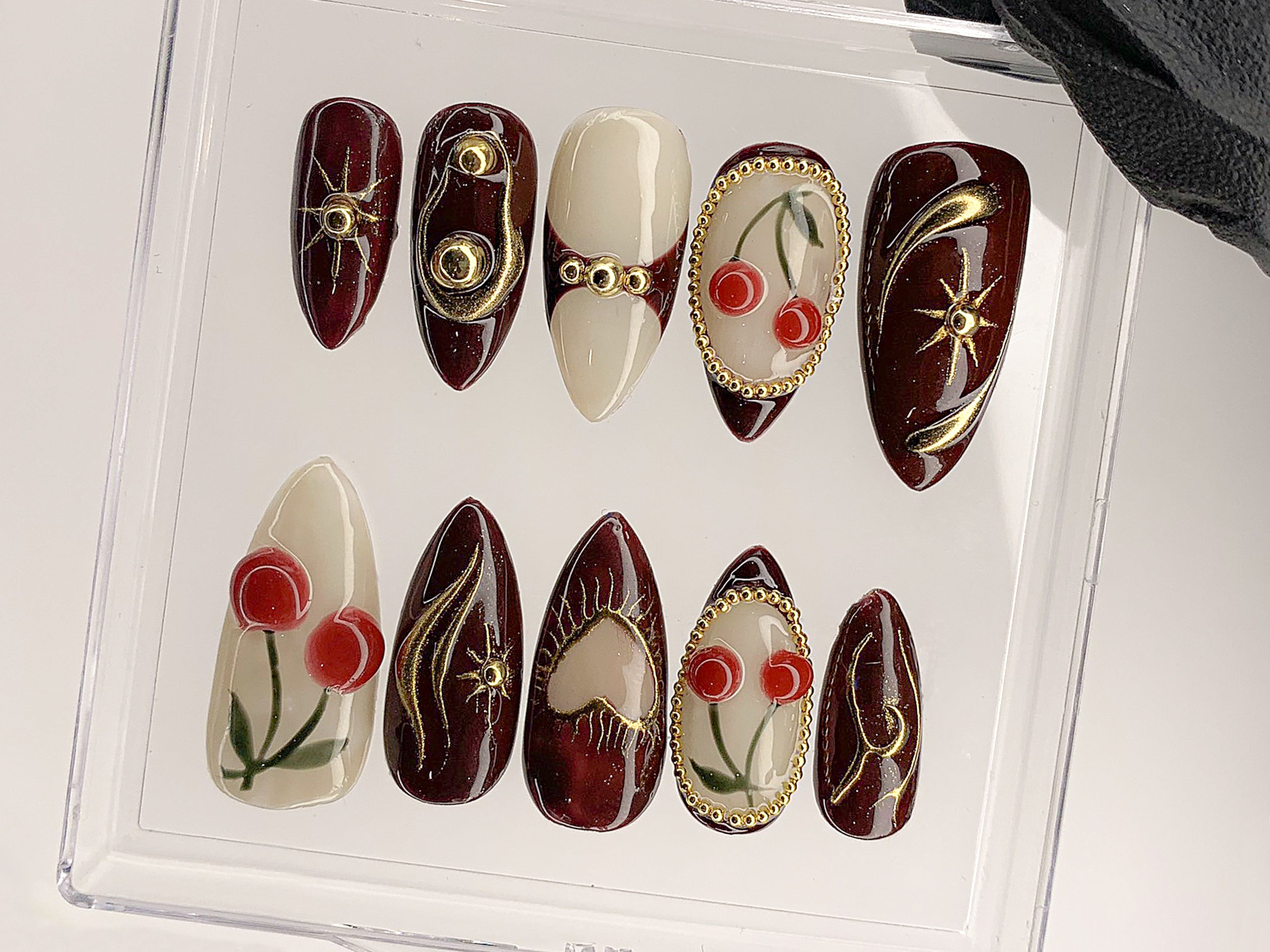 Luxury Red Cherry Press On Nails | Vibrant Luxurious Hand-Painted Star, Bow Acrylic Nail Art | Holiday, Christmas Kawaii Nails | HD551AL