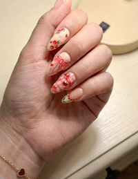 Press On Nails Adhesive Tabs ?M?Cherry Heart & Pink Ribbon Nude Press On Nails, Handmade Valentine Fake Nails Sweet Romantic Nail Art
