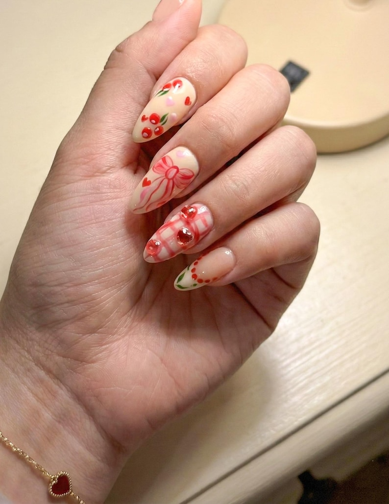 Press On Nails Adhesive Tabs ?M?Cherry Heart & Pink Ribbon Nude Press On Nails, Handmade Valentine Fake Nails Sweet Romantic Nail Art