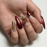 Press On Nails Adhesive Tabs ?M?Nude Burgundy Gold Heart & Rose Chrome Long Stiletto Handmade Fake Nails for Luxury Romantic Look