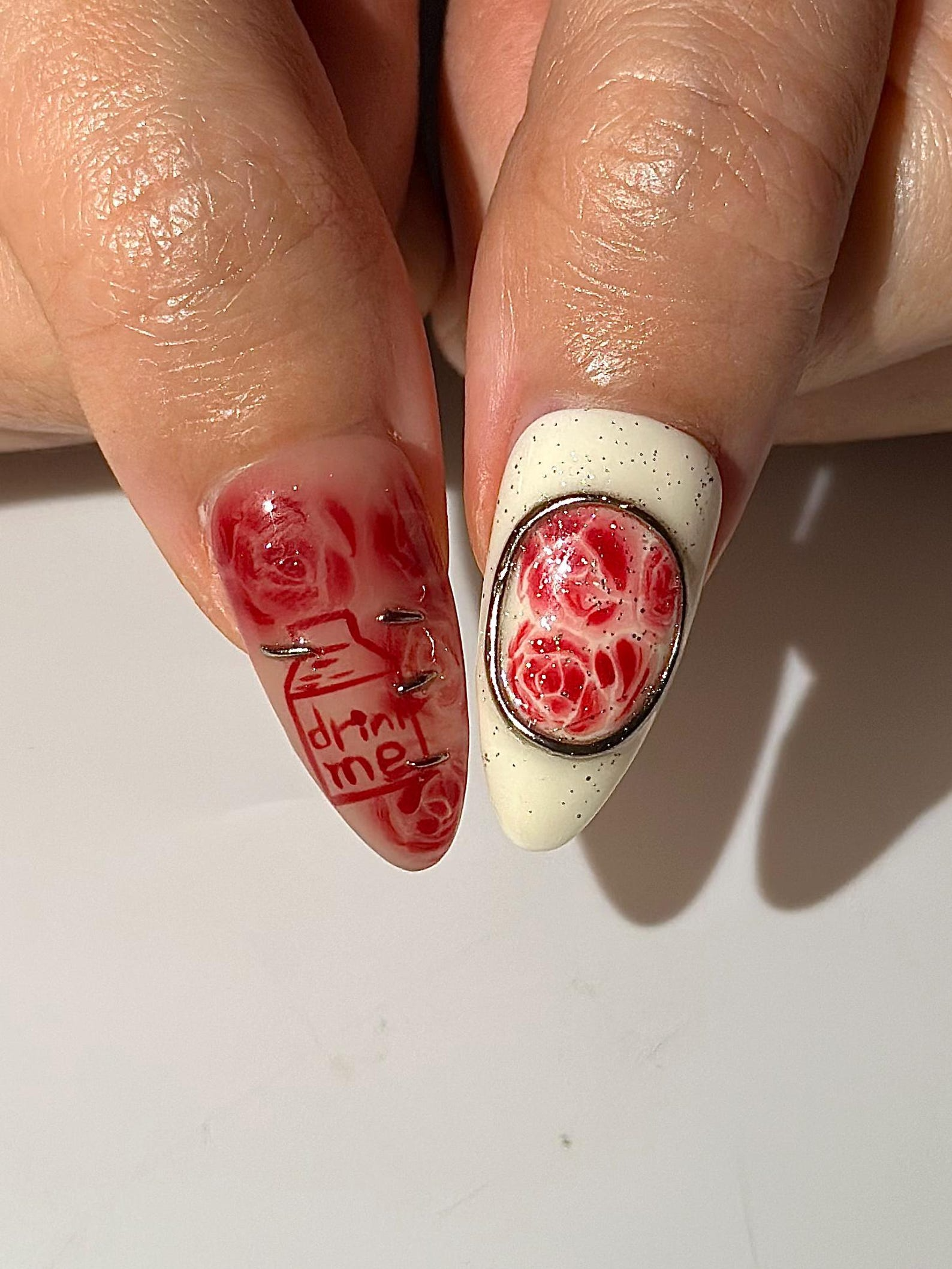 Alice Wonderland Easter Press On Nails | Playing Card Heart Nails | Red White Nails | Fantasy Swirl Set | Handmade Press Ons | HB1295HC