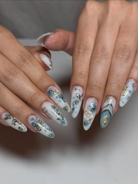 Blue Bloom Elegant Press On Nails | Chinese Luxury Floral Nails | Gold Wire Stiletto Nails | Clear Luxury Art Press Ons | JC299EC