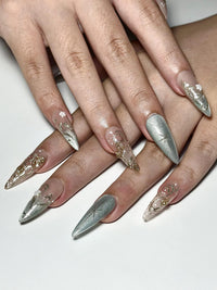 Elegant Gold Floral Cat eyes Nails | Nude Sage Blue Nails | Luxury Minimal Nails | Jasmin Flower Nails | Glossy Reusable Nails | JC339IC