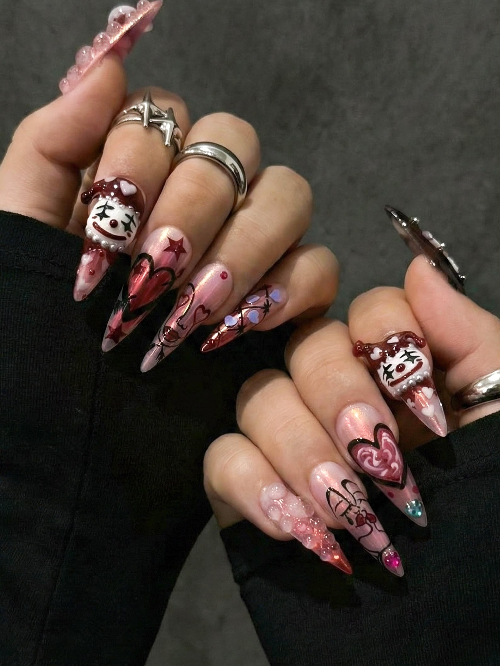 Gothic Valentine Clown Heart Press On Nails for Dark Romance Girls, Handmade Long Pink Chrome Fake Nails, Alternative Love Nail,JB278EC