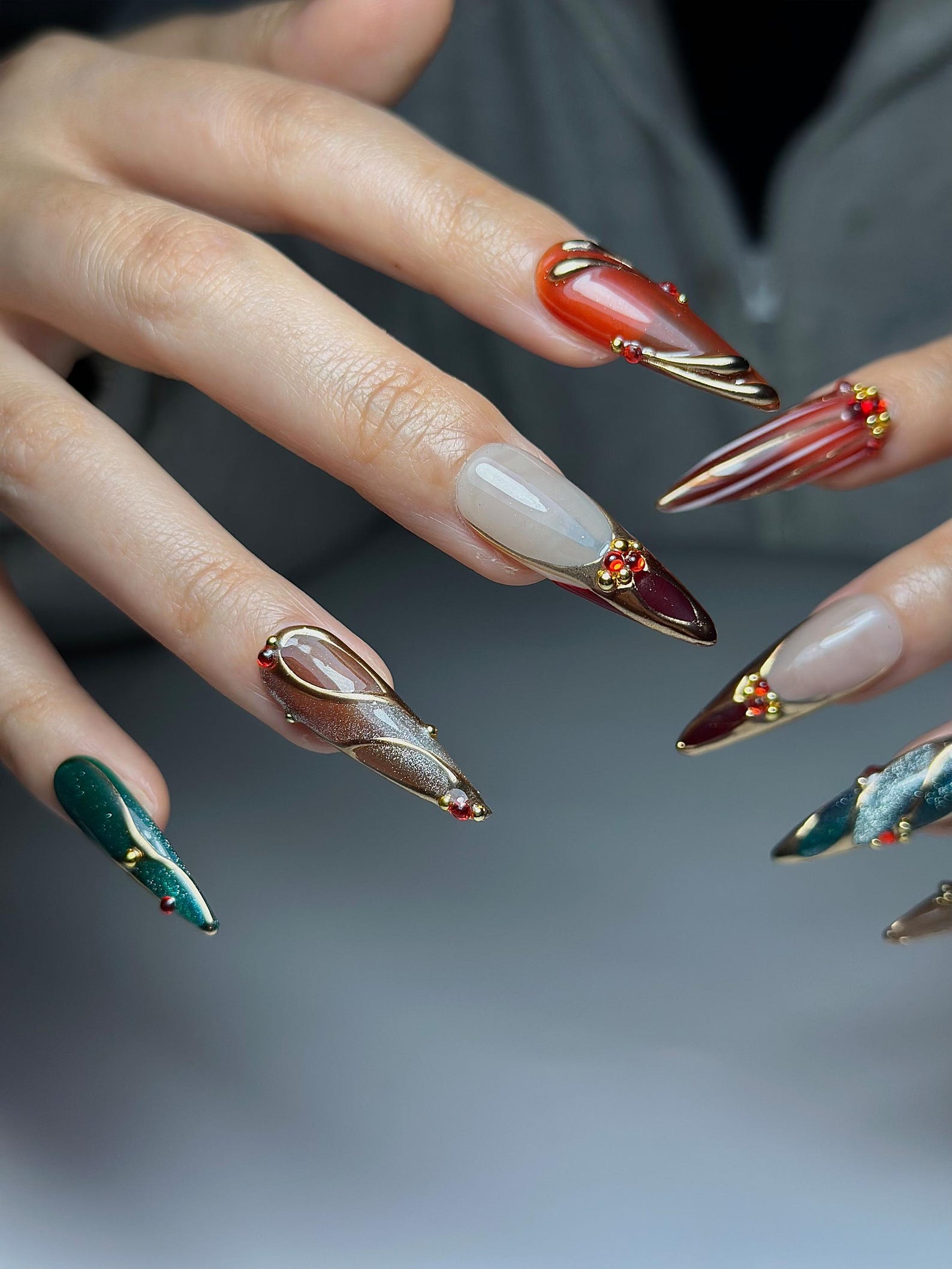 Chrome Glam Press On Nails | Red Green Gold Luxury Nails | Festive Glitter Stiletto Nails | Handmade Elegant Press Ons | DC1047HC