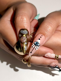 Gilded Luxury Colorful Press On Nails | Eye Art Gold Ring Nails | Handmade Nude Stiletto Nail Art | Luxury Statement Press Ons | JB302EC