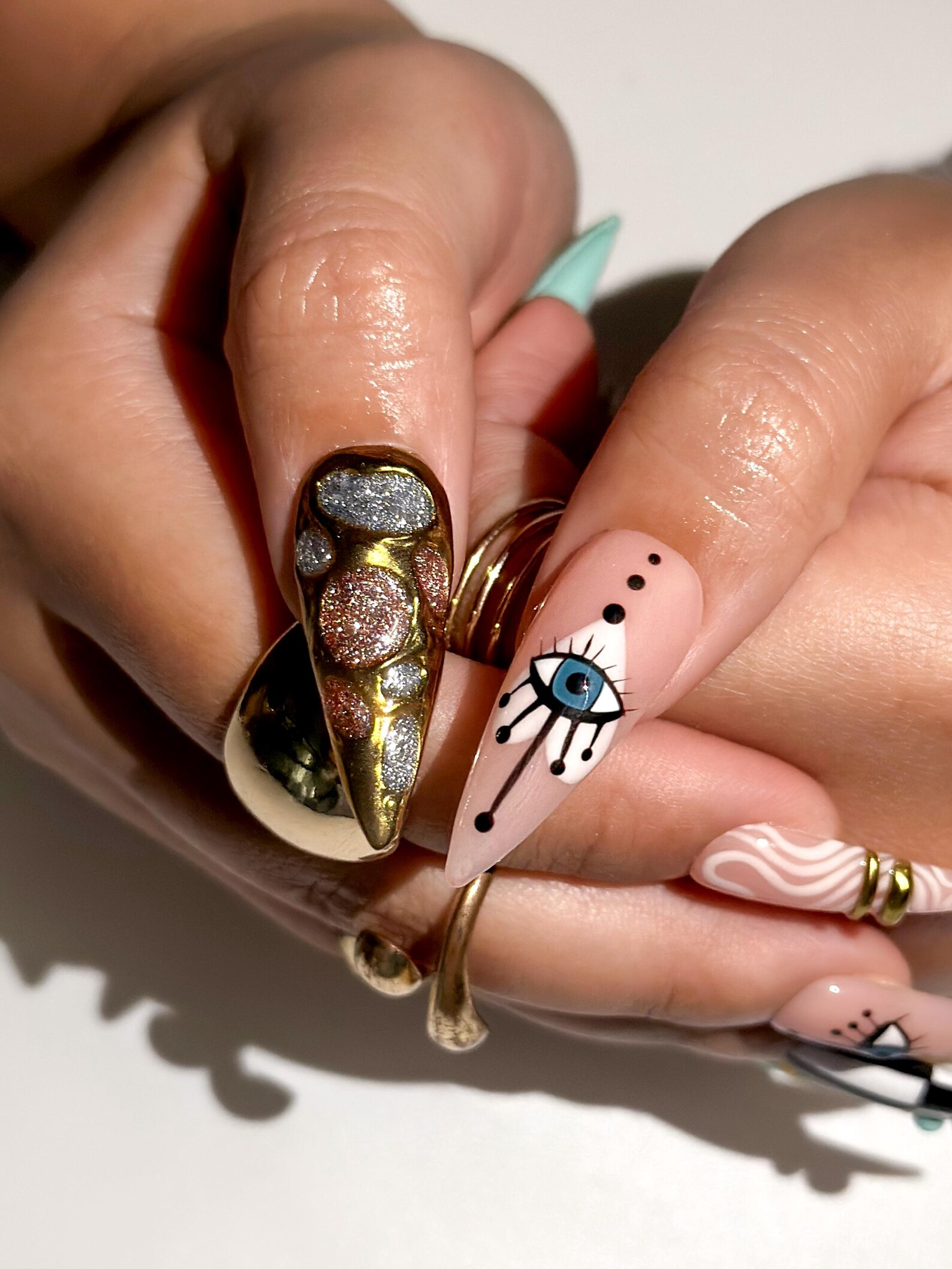Gilded Luxury Colorful Press On Nails | Eye Art Gold Ring Nails | Handmade Nude Stiletto Nail Art | Luxury Statement Press Ons | JB302EC
