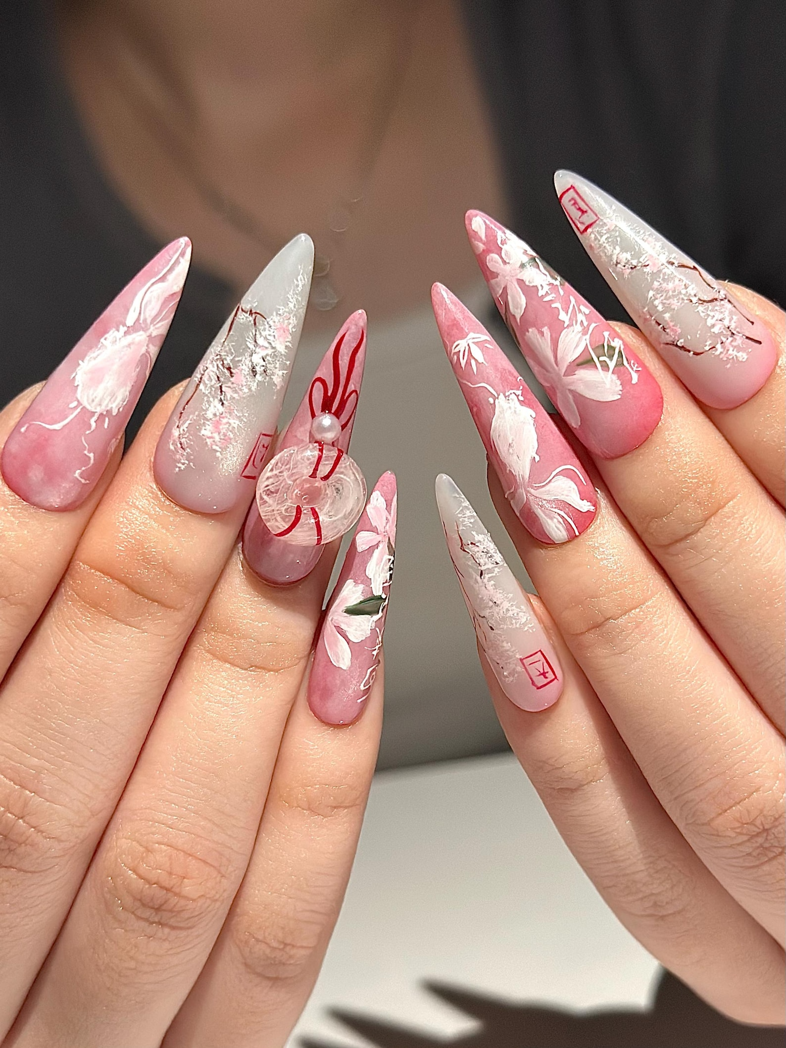 Pink Blossom Press On Nails | Pink Jelly Floral Nails | Asian Flower Nails | Romantic Spring Nails | Handmade Stiletto Press Ons | JB312HC