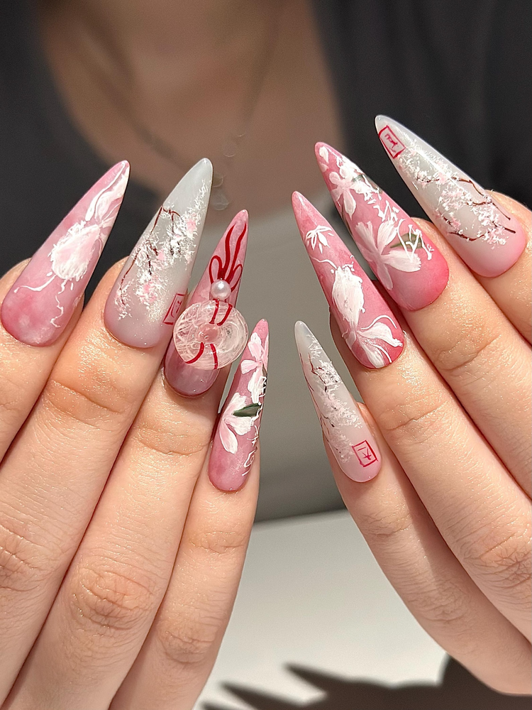 Pink Blossom Press On Nails | Pink Jelly Floral Nails | Asian Flower Nails | Romantic Spring Nails | Handmade Stiletto Press Ons | JB312HC