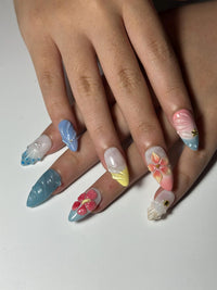 Pastel Ocean Press On Nails with 3D Flower and Seashell | Tropical Beach Nails in Almond Shape | Summer Vacation Nails for Holiday| HC1311NC
