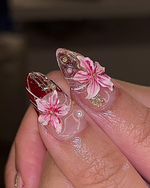 Elegant 3D Floral Press On Nails | Burgundy Pink Silver Nail Art | Silver Chrome Detailing Fake Nails | Luxury Nails | Prom Nails | HB867YK