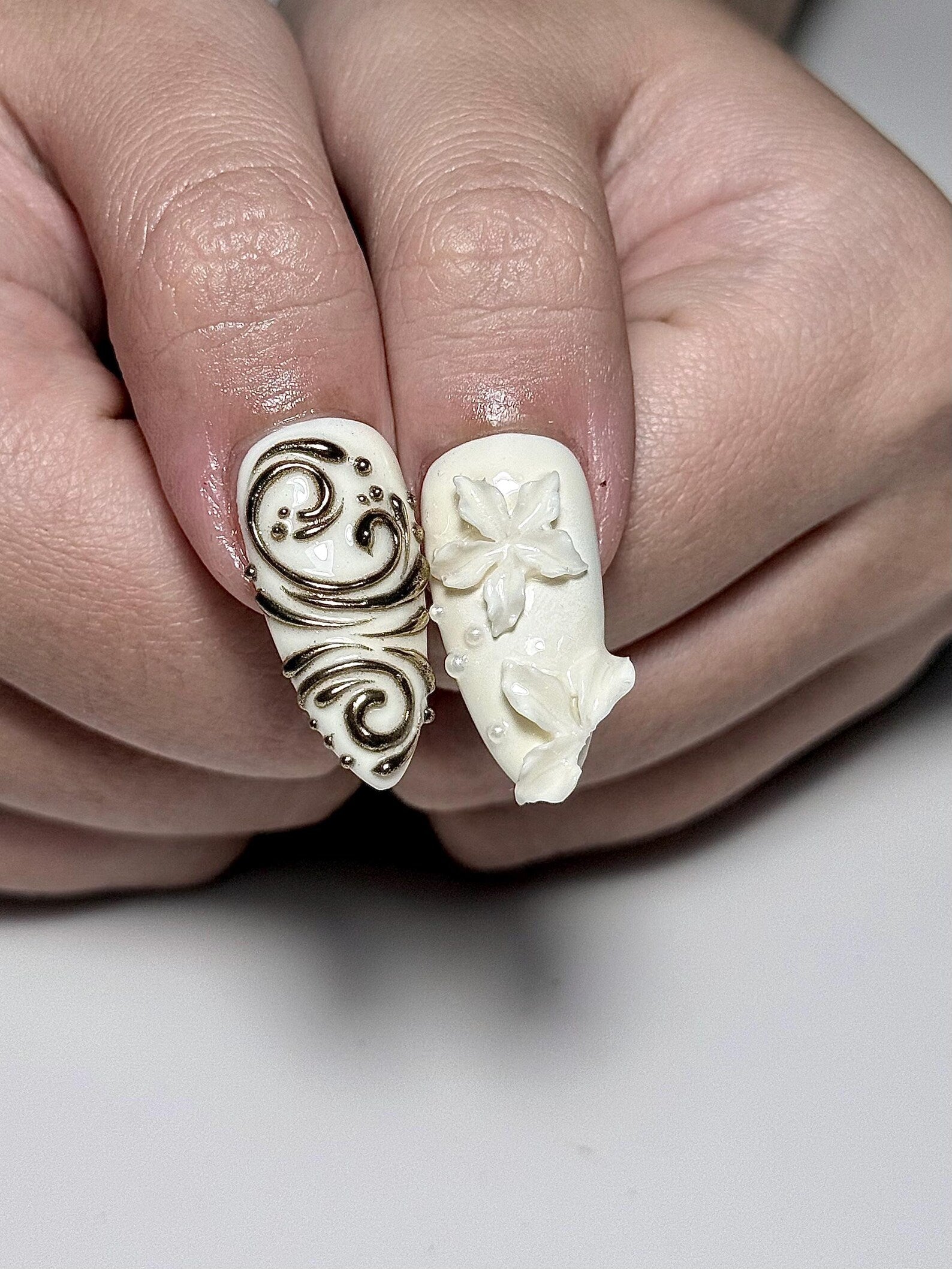 Brown Deer Press On Nails | Piano Note Nail Art | Elegant White Brown Nails | 3D Flower Gold Detail Nails | Handmade Press Ons | HB1307IC