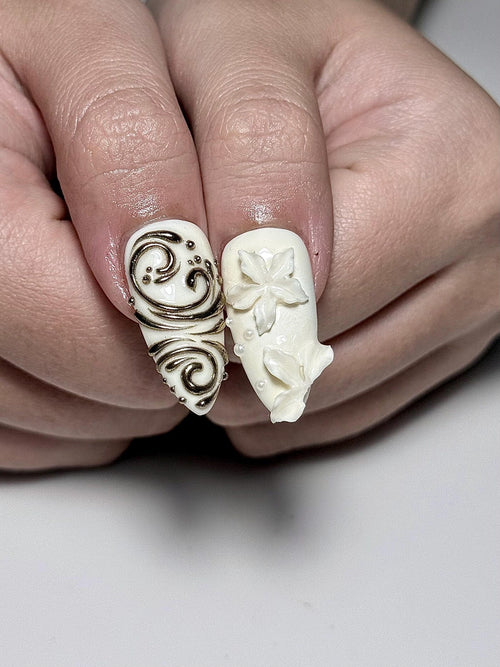 Brown Deer Press On Nails | Piano Note Nail Art | Elegant White Brown Nails | 3D Flower Gold Detail Nails | Handmade Press Ons | HB1307IC