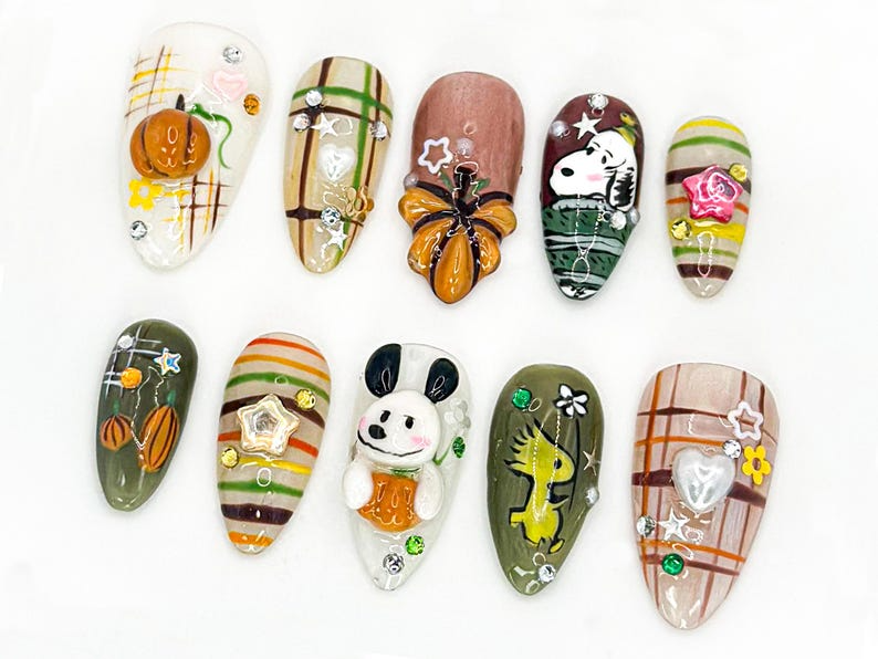 Cute Autumn Press-On Nails| 3D Cartoon & Rustic Style | Hand-Painted Nail Art | Unique Fall Nail Art | Autumn-Themed Press-On Nails|JB588LC