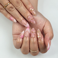 Blush Bloom Elegance Press On Nails with 3D Floral Accents| Gold Details & Pink Ombre| Suitable for Wedding| Events or Gift for Her