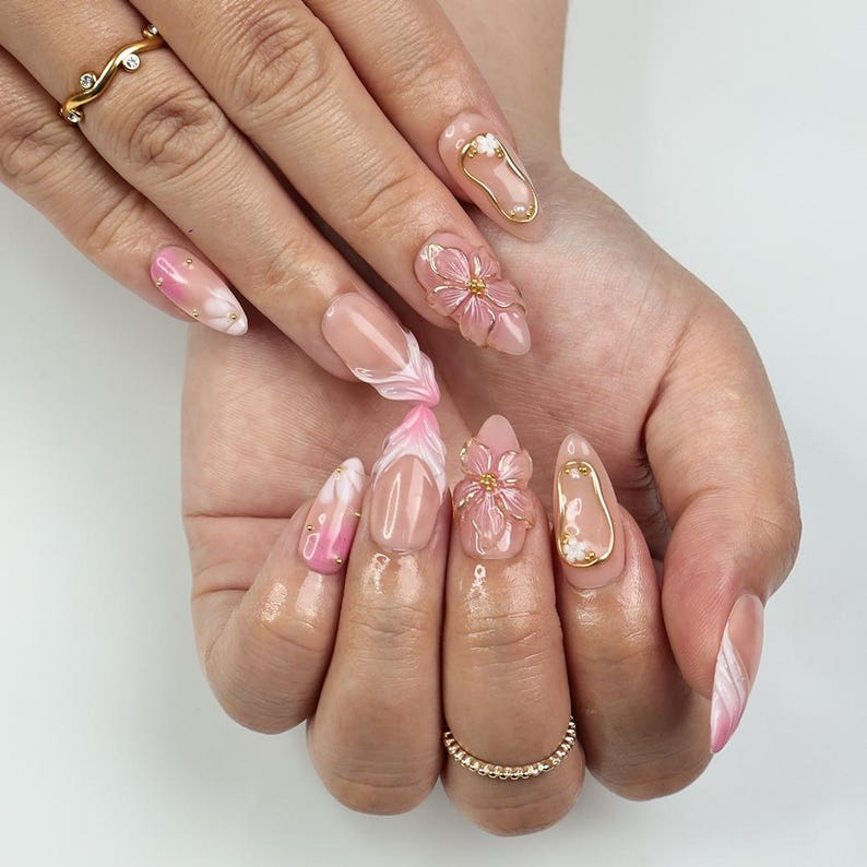 Blush Bloom Elegance Press On Nails with 3D Floral Accents| Gold Details & Pink Ombre| Suitable for Wedding| Events or Gift for Her
