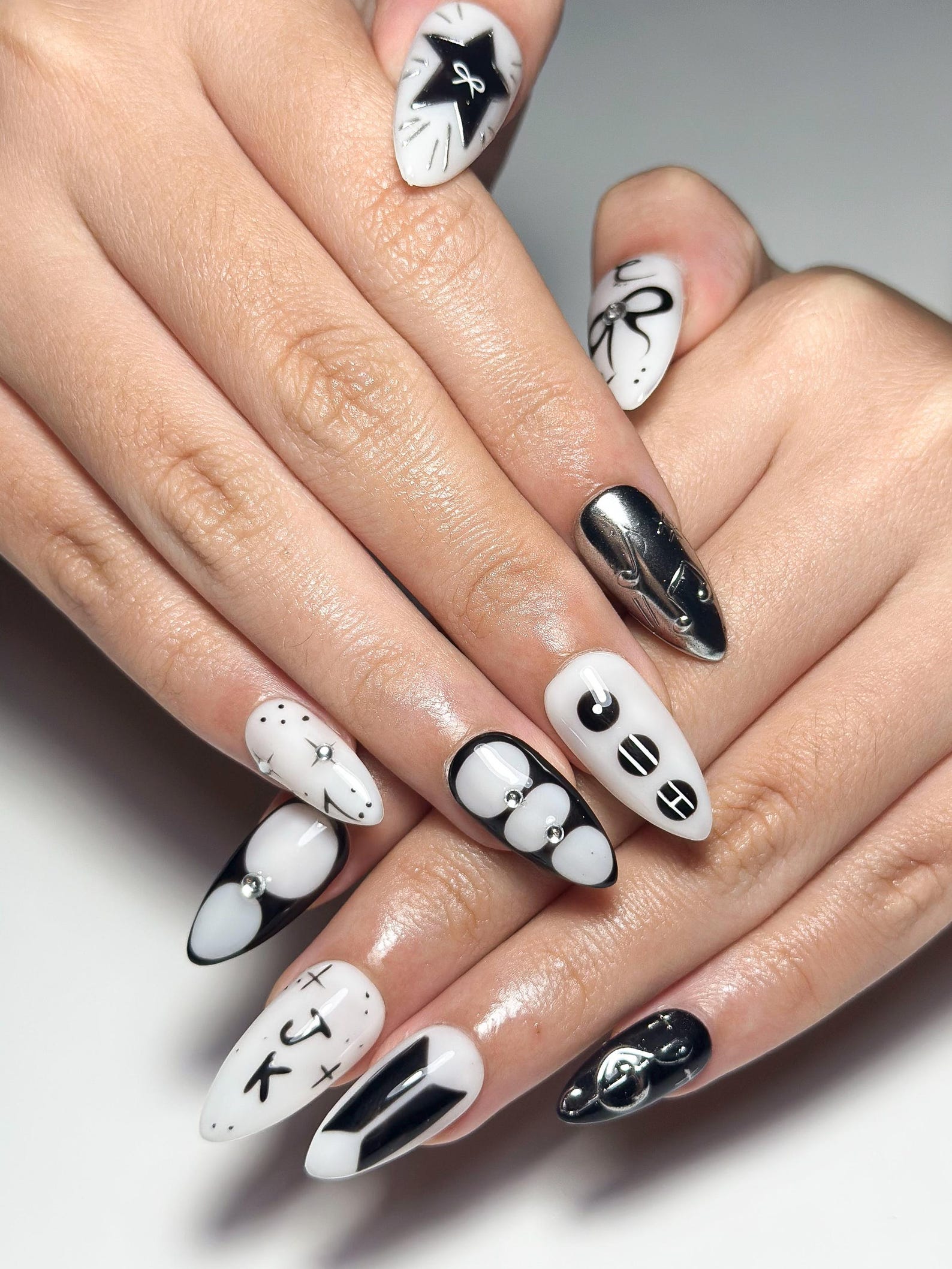 JungKook Inspired Black & White Nails | Kpop JK Solo Era Press Ons | Y2K Star and Bow Nails | Musical Note Gothic Press Ons | JC364IK