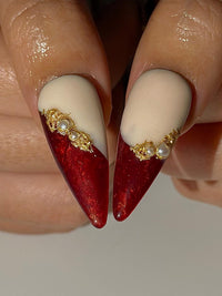 Red Chrome Luxury Press On Nails | Gold Frame Pearl Nail Art | Elegant Burgundy Stiletto Nails | Baroque Glam Nail Design | HC1305HC