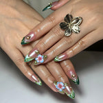 3D Floral Press On Nails | Green Leaf Pink Chrome Nails | Handmade Flower Nail Art | Elegant Spring Nails | Luxury Almond Nails | JC355NC
