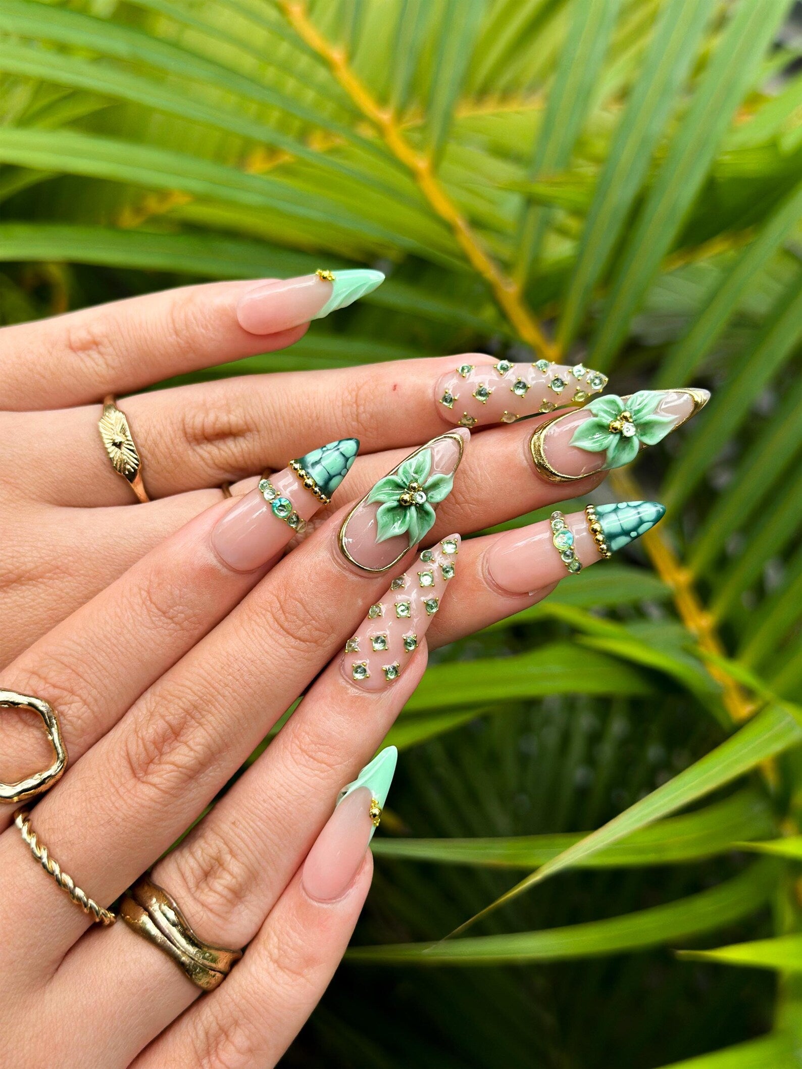 Jade Green Press On Nails with 3D Flower and Gold Detail | Elegant Floral Nails in Almond Shape | Luxury Nails | JC342NC
