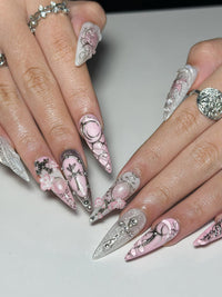 3D Pink Gothic Cyber Nails | Silver Chrome Cross Press Ons | Ethereal Grunge Liquid Metal Nails | Y2K Punk Butterfly Press Ons | JB362IC