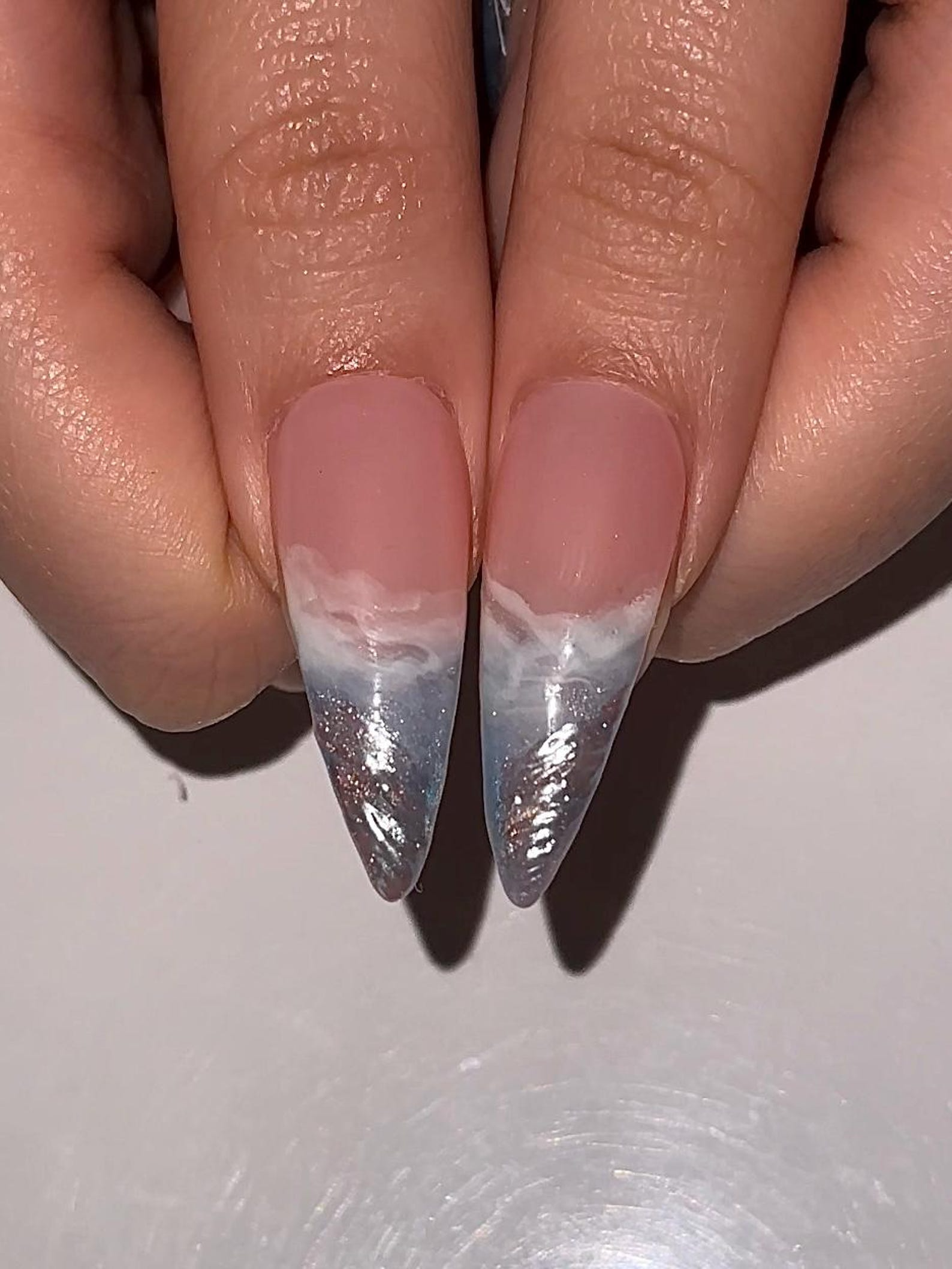 Icy Blue Ocean Press On Nails | Blue Stiletto Nails for Women | Clear French Tip Crystal Nails | Bridal Luxury Nails| Elegant Nails|HC1277HC