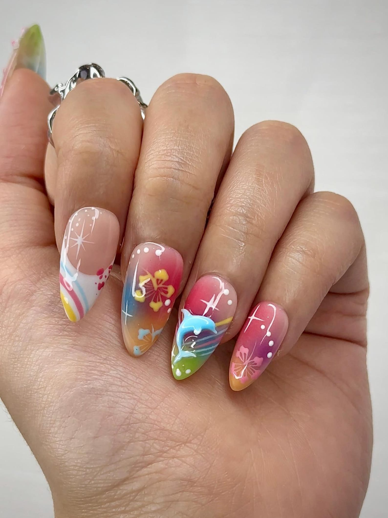 Midnight Sun Press On Nails for Y2K Lovers | Sunset Ombre Rainbow Nails with 3D Floral Art | 90s Nail Design | Artistic Press Ons | JB290HC
