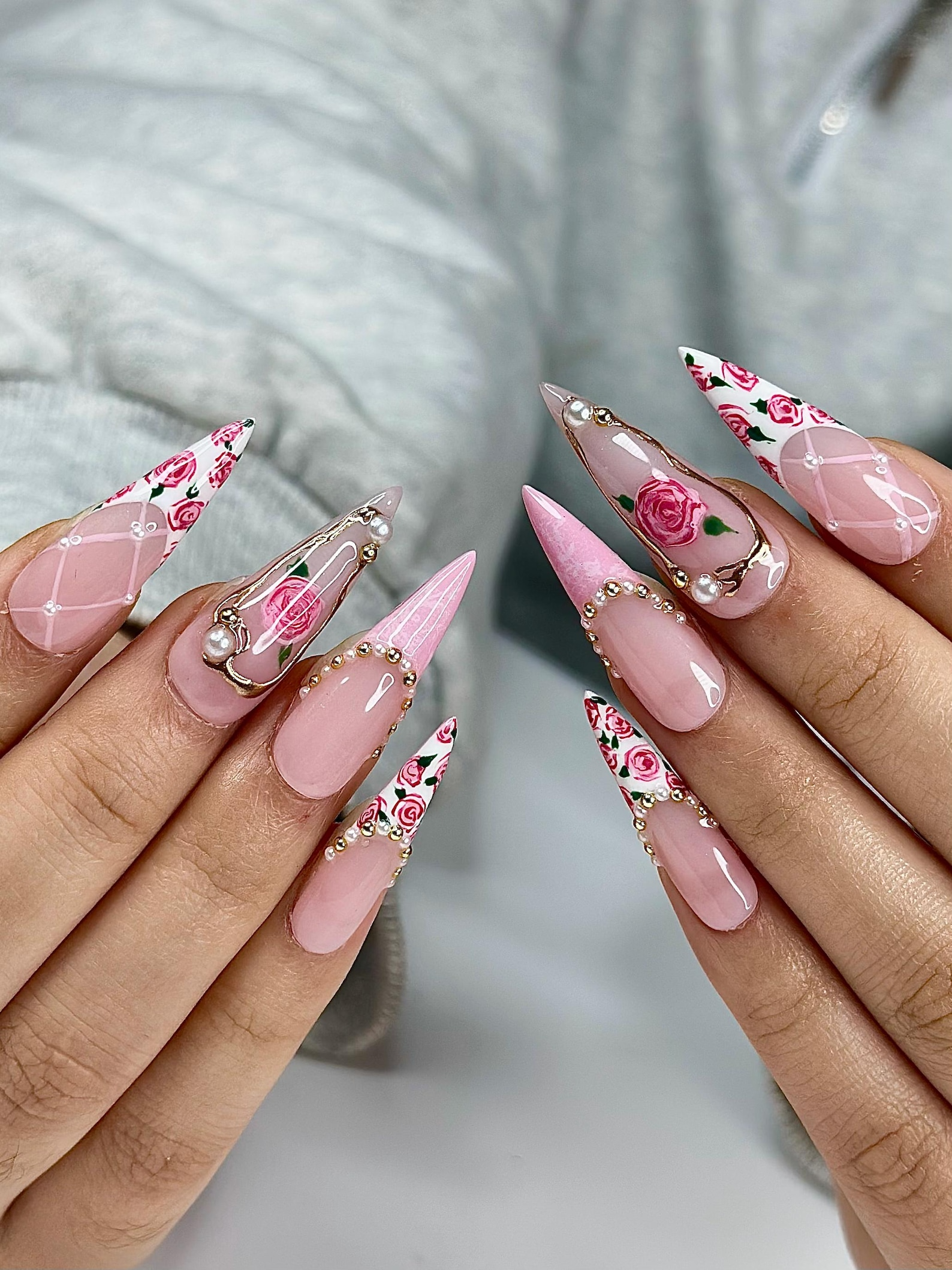 Pink Rose Press On Nails for Bridal | Handmade Rose Flower Nails with Pearls | Elegant Wedding Press Ons | Gold Frame Floral Nails | JB295HC