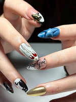 Star Girl Gothic Press On Nails | Cyber Y2K Chrome Nails | Black & Gold Star Nails | Gothic Cat Press Ons | Edgy Rockstar Nail Art | JC341IC